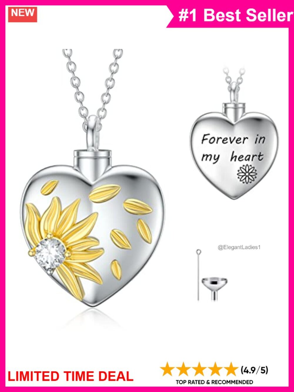 925 Sterling Silver Sunflower Urn Necklace Keepsake Memorial Jewelry Gift